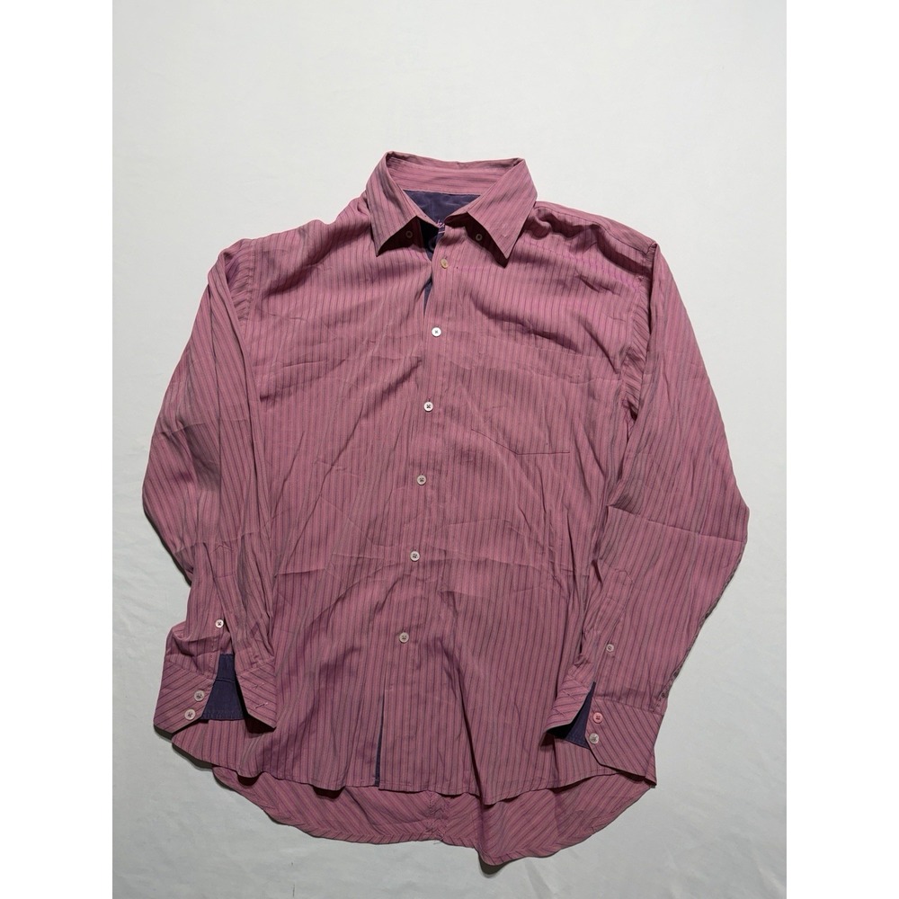 Bugatchi Uomo Stripe Button Down Shirt Pink Modal Blend Long Sleeve Mens Size L